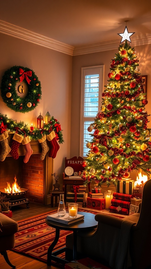 A cozy Christmas living room with a decorated tree, fireplace, and festive decorations.
